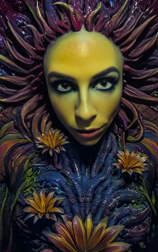 Prompt: Extreme psychedelic hyperrealism- Super high definition ultra textural floral entity psychedelic hallucination surrealism, psychedelic alien flower creature, detailed, highres, intense colors, eerie lighting, bizarre features, unsettling atmosphere, otherworldly, distorted proportions, mind-bending, dreamlike, abstract,, organic textures