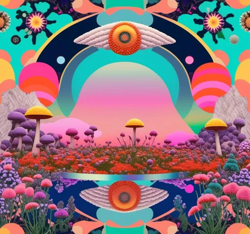 Prompt: A psychedelic collage evoking a vintage 70s sci fi feel but I stead of the sci-fi theme let’s do wildflowers. Photos and art of wildflowers spliced with things like psychedelic patterns/optical illusions, landscapes, geometry, mushrooms/fungus, insects, crystals, gemstones, the sun & moon, etc. Employ a pretty floral color pallet but keep that surreal feel in this natural organic psychedelic collage<mymodel> 