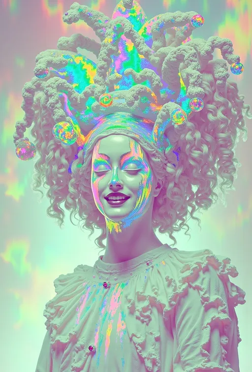 Prompt: A super hyperrealistic yet also illustrative and creative female cosmic jester, made entirely of swirling pure colored light, with long wild curly hair that appears blond but is a dazzling spectrum of hues. She is adorned in beautiful avant-garde "astral" jester's attire, complete with intricate harlequin clown makeup and a HUGELY OVERSTATED jester's hat that twists and bends into impossible, otherworldly shapes. Her hat sparkles with iridescent gems and glowing cosmic patterns, radiating a surreal, trippy energy. Her ensemble includes exquisite, shimmering accoutrements like glowing ribbons of stardust, cascading light veils, and crystalline bells that chime with the sound of distant galaxies. She sparkles, shines, and dazzles in a mesmerizing swirl of ever-changing colors, embodying the essence of cosmic whimsy and wonder. She stands on a floating, kaleidoscopic fractal platform that endlessly morphs and twists through the void of the astral realms. Behind her, a shimmering nebula of liquid rainbow light swirls and pulses, while shimmering comets streak across the scene. The cosmic jester juggles glowing orbs of quantum energy, each orb containing miniature universes that spin and glimmer with infinite possibilities. Her laughter echoes like a symphony of stars, and her every movement leaves trails of dazzling light that ripple like water across the fabric of space-time. The entire scene is awash with iridescent fractal spirals, the platform morphing with Mandelbrot set fractals, while liquid rainbow nebulae and glowing stardust create an atmosphere of pure astral magic.