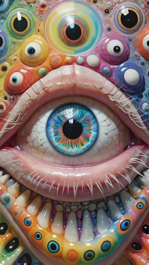 Prompt: an extremely hyper realistic ultra super textural weird trippy surreal psychedelic entity, Delaunay triangulation, white, translucent, clear, bright bright pastel colors, oil slick rainbow sheen effect, lots and lots of light, lots of crazy colorful compound psychedelic human eyes, rows of human teeth, fungus, atoms, diatoms, Delaunay triangulation