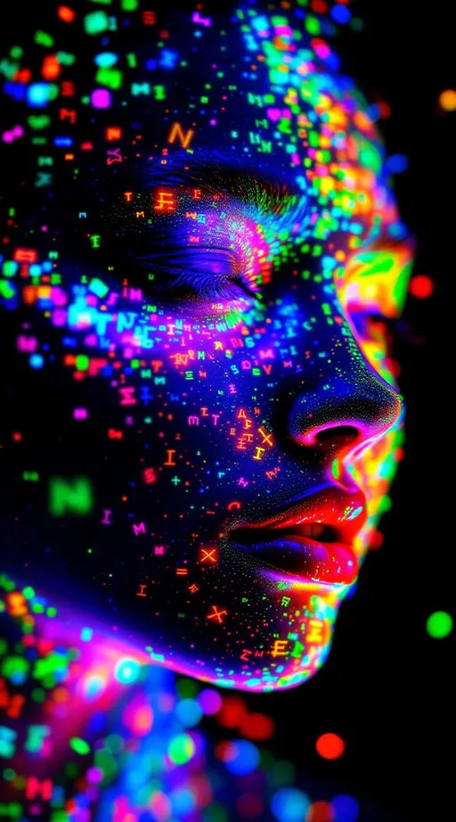 Prompt: A woman’s face and hair composed entirely of radiant, hyper-saturated rainbow light, her form sculpted through the laws of symbolic dynamics. Each strand of hair is a stream of recursive symbol sequences, glowing with neon glyphs and encoded pulses—substitution rules spiraling like DNA woven from shifting syntax. Her face is a lattice of semiotic recursion, cheeks etched with tiling patterns of iterated codes, every contour a feedback loop of luminous phrases folding back on themselves. Eyes flicker with meaning-carrying orbits, each blink revealing a different symbolic language unfolding across her iris in fractal semaphore. From forehead to jawline, her skin bears luminous inscriptions—non-Euclidean alphabets and substitution tapes cascading in layered transparency, like language wrapped in dimensionless fire. Her lips part slightly, and where voice would be, only recursive whisper-patterns emerge—each word a morphing, chromatic sigil born from layered automata rules. The air around her trembles with encoded breath, a field of patterned resonance that visually echoes her internal symbolic state. Beneath her surface, shifting bands of light recombine like morphogenetic languages rewriting her continuously. She is neither static nor chaotic—her entire existence rendered as an unfolding grammar of light, an algorithmic muse whose body is a recursive story written in infinite spectral recursion.