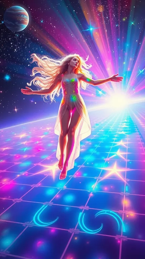 Prompt: An astral scene- a colorful rainbow shining glowing sparkling female clear translucent humanoid faceless “light body” with long extremely curly blond hair flowing as she flies through space (light body, atman, soul body, subtle body, astral body, koshas, consciousness layers, ethereal form, transcendence, eternal self, infinite essence, spiritual awakening, pranayama, meditation, astral travel, out-of-body experience, higher awareness, unity, Brahman, ultimate reality, esoteric teachings, theosophy, mystical, divine essence, vibrational frequency, enlightenment), flying through outer space, over  “astral planes” that are like an infinite grids of colorful light arranged in a repeating sacred geometric pattern stretching out forever In all directions under the light body flying over it, colorful planets and stars shimmer in the distance. Her physical body sleeps in a bed below