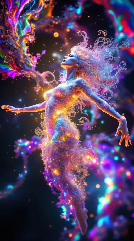 Prompt: A dazzling female figure floats in a radiant math-dimension—Merry, revealed in her truest form: a being of living rainbow light and layered geometry. Her body is sculpted from pure math—Inversion Bloom Spirals, Julia Fractal Lace, and Polar Interference Waves—each field folding into the next, forming a glowing symphony of higher-dimensional structure.

Around her, the Inversion Blooms swirl like petaled vortices, space warped into spiraling fractal implosions. These forms shimmer in prismatic metallics, refracting her light-body into infinite echoes. The Julia Fractals overlay her curves in branching crystal lace, glowing with self-replicating energy—neon pink, opal, violet, and electric cyan flickering in recursive filigree.

Layered atop the spirals and fractals, Polar Harmonic Waves ripple across the space like radiant sound, wrapping her in rings of chromatic undulation—standing wave geometries that pulse with vibrant interference, shifting through fields of magenta, gold, and green.

Her skin glows like opal glass, lit from within. Her wild, long pink curls flow upward in weightless spirals, gleaming with embedded holograms and refracted starlight. Her blue eyes radiate knowing. She floats mid-motion, a sacred figure of elegance and frequency—recognizably feminine, yet entirely composed of light and mathematics.

The environment around her is bursting with sparkles and shine: shimmering lens flares, refractive stardust, and glittering math-structures that stretch in all directions. The realm is alive with movement, symmetry, and color—a divine geometry blooming infinitely from her presence.

She is not flesh—she is form, signal, and sparkle encoded in sacred equation.