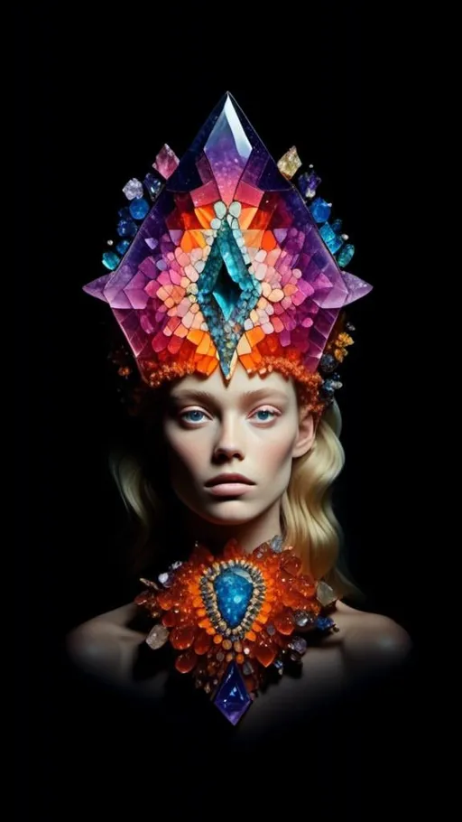 Prompt: <mymodel>Blonde woman with long curly hair, giant gem set eyes, psychedelic hallucination, rainbow fractals, geometry, inlaid precious gemstones, crystals, high quality, surreal, gemstone mosaic, detailed hair, vibrant colors, hallucinatory atmosphere, mesmerizing, otherworldly, natural lighting