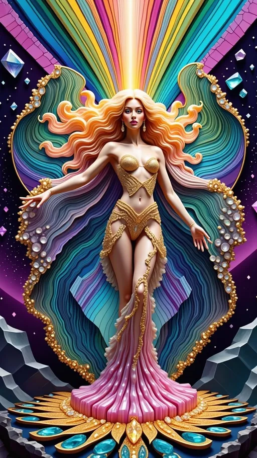 Prompt: At the heart of this abstract design stands a luminous figure of a woman with long blond curly hair, her locks cascading and curling like waves of golden energy. Her hair becomes a living embodiment of vibration, morphing into strands of glowing harmonic frequencies that ripple outward, blending into the surrounding elements. The background is alive with cymatic patterns, intricate and crystalline, their geometric forms shimmering in hues of silver, turquoise, and violet. Surrounding her are circular ripple patterns, expanding in translucent layers of blue and green, symbolizing the ever-expanding resonance of creation. Above her, ethereal auroras streak the sky in radiant arcs of pink, purple, and gold, their movements echoing the dynamic flow of universal vibrations. Her form is encased in a halo of oscillating waveforms, glowing brighter near her, as if she is both the source and the receiver of this cosmic energy. Beneath her, Chladni plate patterns emerge, grounding her ethereal presence with symmetrical, resonant designs that pulse with life. The entire composition flows together seamlessly, a celebration of vibration as the essence of existence, with the woman embodying the bridge between the physical and the energetic, the human and the infinite.