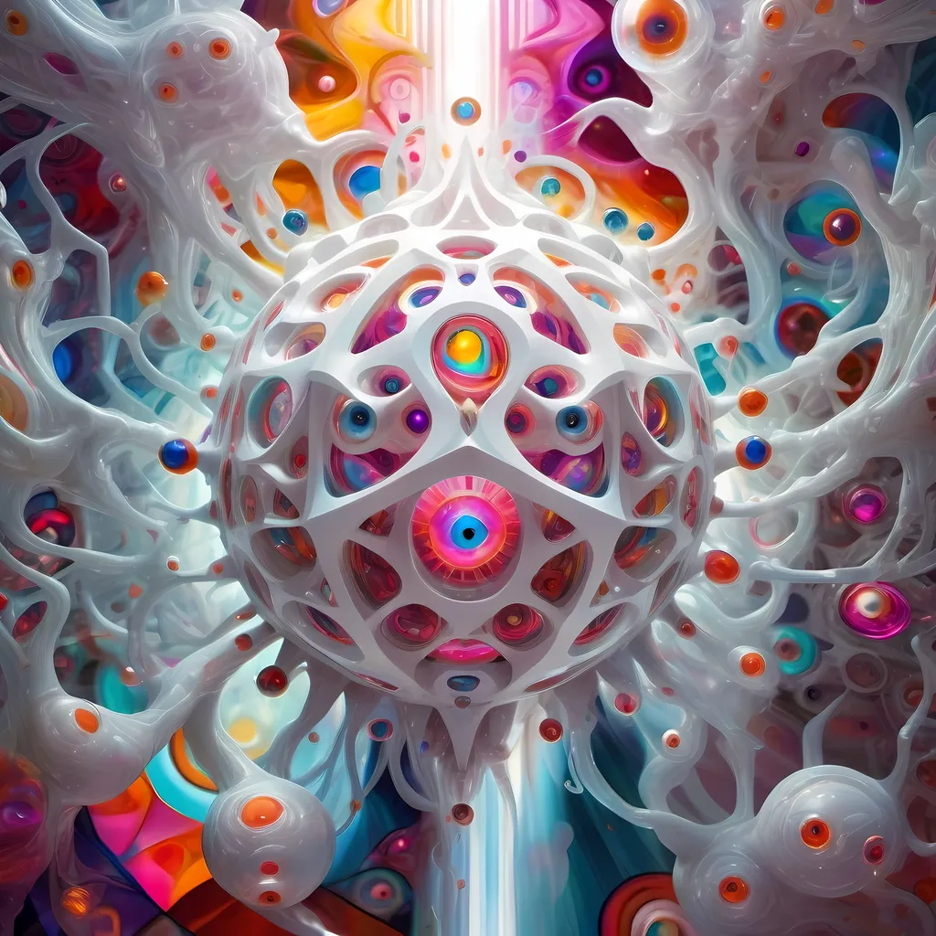 Prompt: a translucent white many sided multidimensional extra dimensional geometric shape churning through many extra dimensions etherically, covered in eyes, biological and mechanical simultaneously with random pops of brilliant vibid psychedelic color 