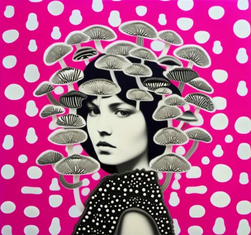 Prompt: a mixed media collage of a girl wearing or growing mushrooms/fungus as clothing body parts and accessories. She is a black and white or halftone photograph, the mushrooms and fungal growths are to be mixed media, including but not limited to paint, enamel, foils, glitter, sparkle, sequins, found objects, natural items, rhinestones etc <mymodel>