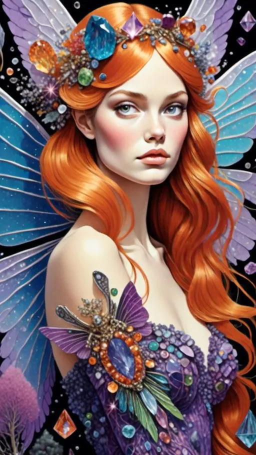 Prompt: <mymodel>Beautiful fairy made of gemstones and crystals, mushroom and crystal theme, inlaid gemstone and crystal details, high quality, fantasy, magical, vibrant colors, ethereal lighting, detailed wings and hair, jewel-toned, sparkling, enchanting atmosphere, whimsical, fantasy illustration, intricate details