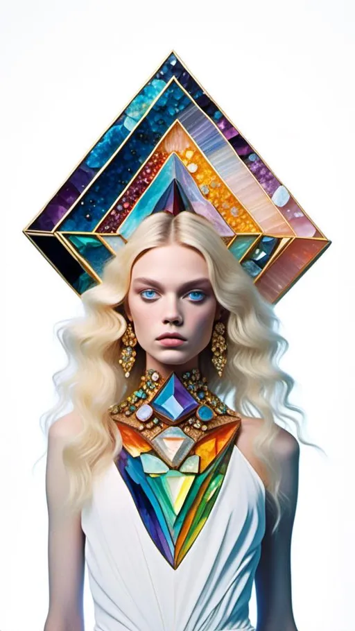 Prompt: <mymodel>Blonde woman with long curly hair, giant gem set eyes, psychedelic hallucination, rainbow fractals, geometry, inlaid precious gemstones, crystals, high quality, surreal, gemstone mosaic, detailed hair, vibrant colors, hallucinatory atmosphere, mesmerizing, otherworldly, natural lighting