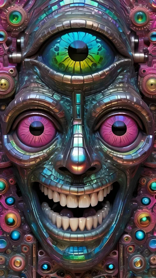 Prompt: An extremely hyperrealistic weird surreal trippy psychedelic bismuth-based lifeform,  eyes! lots of crazy multicolored compound psychedelic human eyes, rows and rows of human teeth, lips, and tongues, diatoms, diatomic, fungus, bismuth colors, vibrant iridescent hues, pinks, blues, greens, yellows, metallic sheen, bismuth patina, oxidation, intricate patterns, rhombohedral crystal structures, polygonal shapes, conductive, brittle, complex geometric forms, surreal, organic shapes, flowing forms, liquid bismuth, solid bismuth, corroded textures, tarnished surfaces, electrical conductivity, low thermal conductivity, chemical reactivity, environmental interaction, metallic luster, high reflectivity, surrealistic, biomorphic, complex symmetry, iridescent, vibrant hues, reflective surfaces, intricate details, organic textures, psychedelic elements, dynamic, mesmerizing, otherworldly, intricate, detailed, vibrant, surreal, biomorphic, organic, metallic.
 extreme organic and metallic textures
