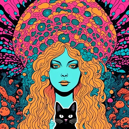 Prompt: <mymodel>Psychedelic poster illustration of a girl with long, curly blond hair, solid black cat, trippy mushrooms, vibrant colors, high-quality, poster art, surreal, detailed hair, psychedelic, detailed cat, colorful, vibrant, surreal, professional lighting