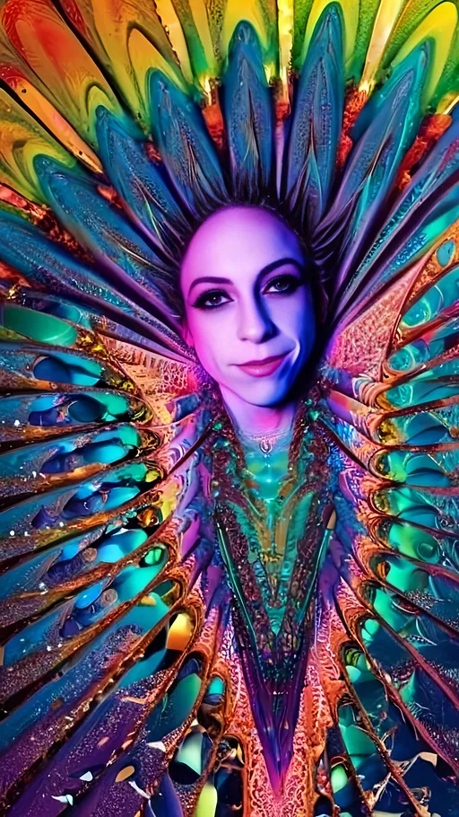 Prompt: Imagine a mesmerizing entity nestled within a surreal landscape shaped by the intricate patterns of the Sierpiński triangle. This entity appears as a kaleidoscopic being, its form composed of interlocking triangular fractals that shimmer in vibrant shades of turquoise, magenta, and electric yellow. Each triangle pulses with a unique pattern, creating a hypnotic dance of colors that draws the eye deeper into its geometry.

The entity's face is a mosaic of fractal eyes, each one a tiny Sierpiński triangle reflecting myriad colors and swirling galaxies, giving the impression of infinite depth. Its mouth is adorned with crystalline teeth arranged in fractal formations, sparkling like gemstones and shifting in hue as if alive with cosmic energy.

Surrounding this entity is a landscape of cascading triangular hills, each layer adorned with intricate tiling patterns that shift from vibrant paisleys to swirling mandalas. The ground is a patchwork of luminescent moss in shades of neon green and deep violet, dotted with glowing, triangular fungi that pulse rhythmically with the entity's heartbeat.

Microscopic elements enhance the scene, featuring **quasicrystals** that spiral upward, their non-repeating patterns catching the light in dazzling displays. Tiny **quantum dots** float like fireflies, their colors shifting in harmony with the fractal patterns, while **C60 Buckminsterfullerene** hover nearby, reflecting the vibrant geometry of the landscape.

Above, the sky is a swirling canvas of iridescent clouds shaped like interlocking triangles, creating a dreamlike atmosphere. Shooting stars trail through the air, leaving behind shimmering fractal patterns that echo the geometry of the Sierpiński triangle, inviting viewers to explore a reality where beauty and the bizarre intertwine in a vibrant tapestry of color and form.