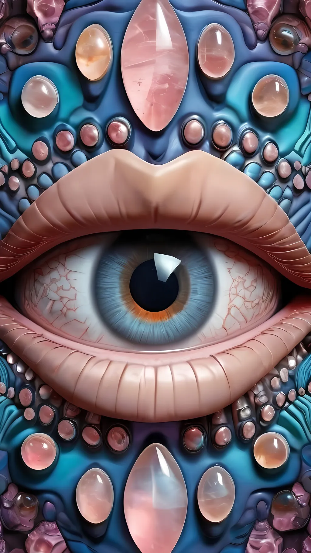 Prompt: Create an extremely hyper-realistic, ultra super textural, weird, trippy, surreal, psychedelic eyes/teeth/mouth pattern/design based on Mandelbrot & “Op Art tiling” with lots of human eyes (crazy colorful compound psychedelic), rows of human teeth, human lips, and tongues. 

- **Colors**: determined by the properties and expressions of the elements (& their isotopes), minerals, and metals: opal, moonstone, Kunzite, selenite, rose quartz, Palladium (Pd), “Fusarium verticillioides”

**Shapes and forms**
- Mandelbrot 
- "Op Art tiling" 
-other shapes determined by the natural properties and expressions of the elements (& their isotopes), minerals, metals, and biological organisms: opal, moonstone, Kunzite, selenite, rose quartz,  Palladium (Pd), “Fusarium verticillioides”


- **Textures**: Derived from any/all elements (& their isotopes), minerals, metals, crystals, organic things mentioned in this prompt: opal, moonstone, Kunzite, selenite, rose quartz, Palladium (Pd), “Fusarium verticillioides”

**Composition and Layout**:
- a pattern/design based on the Op Art tiling & Mandelbrot 

**Lighting**:
- lots of bright light
- Iridescence
- Aventurescence
- Chatoyancy
- Asterism

**Detail and Atmosphere**:
- Extreme hyperrealistic sharp high detail high definition organic and mineral textures
- Psychedelic, weird, odd, surreal atmosphere
- Frozen in time

**Additional Elements**:
- extra rows of teeth, lips, many eyes, Op Art tiling, Mandelbrot, Iridescence, Aventurescence, Chatoyancy
