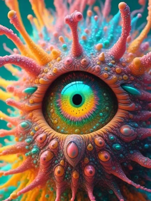 Prompt: <mymodel>an extremely hyper realistic super textural psychedelic entity/creature, trippy, weird, surreal, fractals, multidimensional geometric shapes, eyes, human teeth, lots of light, bright pastel colors, luminous, glowing, extremely textural, yellow, greens, oranges, silver, copper