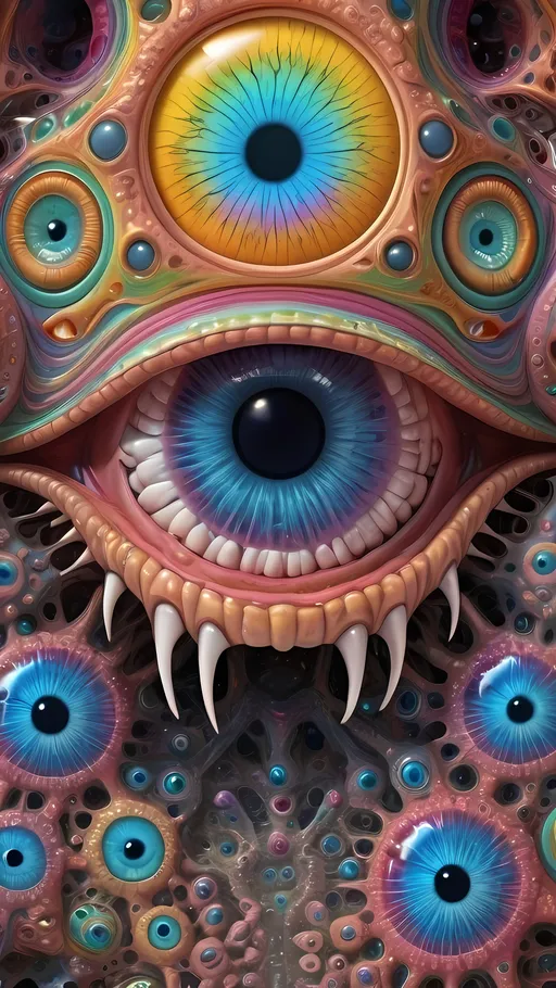 Prompt: an extremely hyper realistic ultra super textural weird trippy surreal psychedelic entity, Lyapunov Fractals, apollonian gaskets, catenoids, white, translucent, clear, bright bright pastel colors, oil slick rainbow sheen effect, lots and lots of light, lots of crazy colorful compound psychedelic human eyes, rows of human teeth, fungus, atoms, diatoms, enneper sufaces, apollonian gaskets, Lyapunov Fractals 