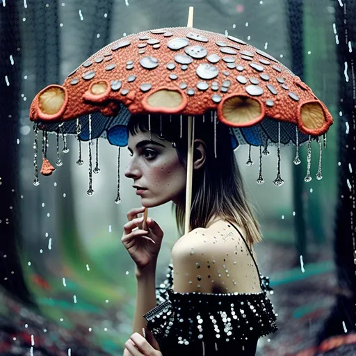 Prompt: <mymodel>Mixed media collage of a fungus fairy girl in the rain, mushroom umbrella, black and white and color photography, paint, glitter, sequins, metal, magazines, glass, unique textures, ethereal atmosphere, high quality, whimsical, surreal, fairy, mushroom umbrella, mixed media, collage, fungus girl, rain, unique textures, ethereal, surreal, magical, detailed wings, sparkling details