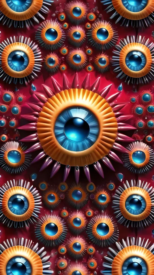 Prompt: Create an extremely hyper-realistic, ultra super textural, weird, trippy, surreal, psychedelic pattern/design based on Turing patterns, with lots of human eyes (crazy colorful compound psychedelic), rows of human teeth, human lips, and tongues. Include mineral crystal accents.

- **Colors**: determined by the properties and expressions of the elements, minerals, and metals: fluorine, seaborgium, natural ruby, iron

**Shapes and forms**
-determined by the natural properties and expressions of the elements,minerals, metals, and biological organisms: diatoms, fluorine, seaborgium, natural ruby, aragonite, stibnite,, mica

- **Textures**: Derived from any/all organic elements, minerals, metals, crystals, organic things mentioned in this prompt: diatoms, fluorine, seaborgium, natural ruby, aragonite, stibnite,, mica

**Composition and Layout**:
- Turing patterns

**Lighting**:
- Lots of bright light

**Detail and Atmosphere**:
- Extreme hyperrealistic sharp high detail high definition organic and mineral textures
- Psychedelic, weird, odd, surreal atmosphere
- Frozen in time

**Additional Elements**:
- Diatoms, extra rows of teeth, lips, many eyes,fungus

Capture this scene using Canon EF 70-200mm t/2.8L IS III USM film