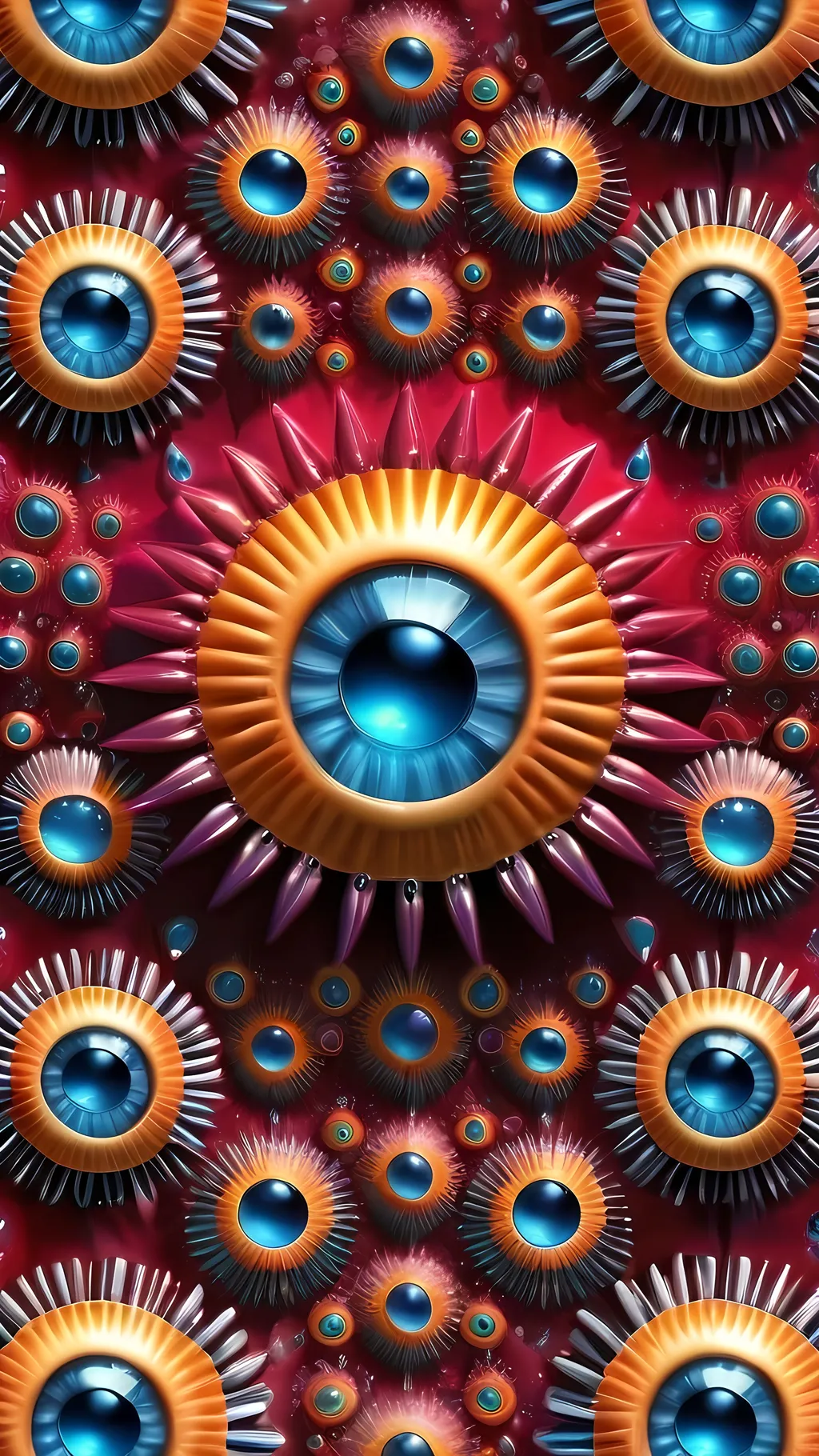 Prompt: Create an extremely hyper-realistic, ultra super textural, weird, trippy, surreal, psychedelic pattern/design based on Turing patterns, with lots of human eyes (crazy colorful compound psychedelic), rows of human teeth, human lips, and tongues. Include mineral crystal accents.

- **Colors**: determined by the properties and expressions of the elements, minerals, and metals: fluorine, seaborgium, natural ruby, iron

**Shapes and forms**
-determined by the natural properties and expressions of the elements,minerals, metals, and biological organisms: diatoms, fluorine, seaborgium, natural ruby, aragonite, stibnite,, mica

- **Textures**: Derived from any/all organic elements, minerals, metals, crystals, organic things mentioned in this prompt: diatoms, fluorine, seaborgium, natural ruby, aragonite, stibnite,, mica

**Composition and Layout**:
- Turing patterns

**Lighting**:
- Lots of bright light

**Detail and Atmosphere**:
- Extreme hyperrealistic sharp high detail high definition organic and mineral textures
- Psychedelic, weird, odd, surreal atmosphere
- Frozen in time

**Additional Elements**:
- Diatoms, extra rows of teeth, lips, many eyes,fungus

Capture this scene using Canon EF 70-200mm t/2.8L IS III USM film