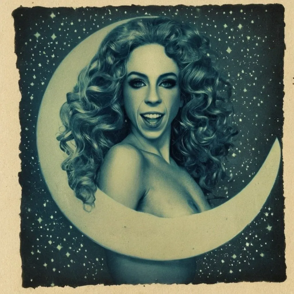 Prompt: Vintage Cyanotype print of a alien girl on the moon, long curly blond hair,  detailed silhouette, vintage artistic style, cool tones, subtle moonlight, high quality, cyanotype print, vintage, detailed silhouette, moon, girl, subtle lighting, cool tones