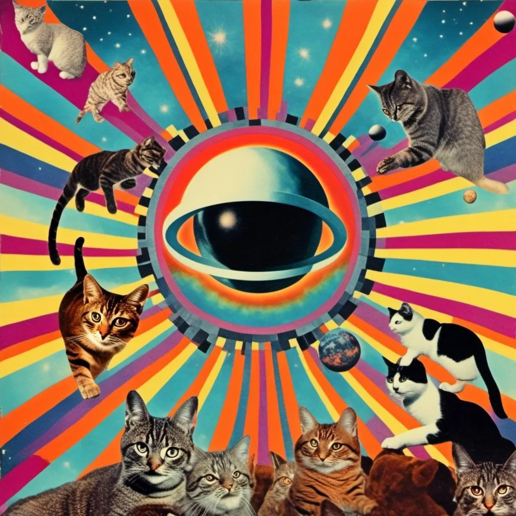 Prompt: a psychedelic collage with a vintage 70s sci-fi animation feel to it except the subject matter will be CATS IN SPACE! The collage will have elements of photography, illustration, trippy patterns and optical illusions, alien landscapes, strange trippy planets, UFOs,, meteors, all cut and spliced together in a psychedelic collage style <mymodel>