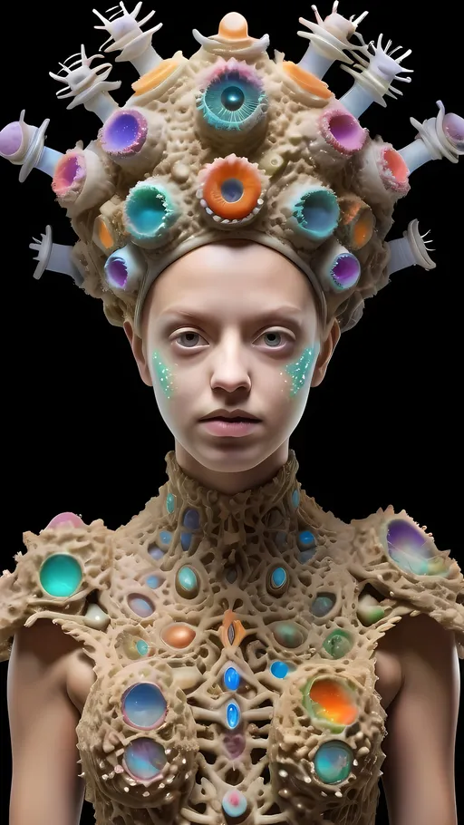 Prompt: Extremely hyperrealistic ultra textural trippy surreal beautiful but odd unsettling psychedelic creature- a psychedelic diatomaceous creature entity queen crown jewelry cape with lots of crazy psychedelic human compound eyes, rows upon rows of human teeth.  head, face, body, limbs, fungus, Mandelbrot, oil slick rainbow sheen effect, holographic, hologram, translucent, vivid colors white, tons and tons of light, bright pastel colors, Gyroid Structures. Diatoms: bacillariophyta, siliceous, valves, girdle bands, raphe, striae, puncta, areolae, costae, rimoportula, fultoportula, chloroplasts, auxospore, epitheca, hypotheca, mucilage, frustule symmetry, valve morphology, pennate diatoms, centric diatoms, motile, non-motile, biofilm, epiphytic, epilithic, epipsammic, biogenic silica, diatomaceous earth, primary producers, carbon fixation, biogeochemical cycles, diatom blooms, paleoecology, nanostructures, microalgae, environmental indicators, aquatic ecosystems. geometric, symmetrical, radial, bilateral, elongated, circular, triangular, oval, star-shaped, pennate, centric, intricate, lattice-like, perforated, silica, frustules, ornate, microscopic, diverse, varied, delicate, transparent, golden-brown, pillbox-shaped, chain-forming, solitary, colonial, planktonic, benthic,