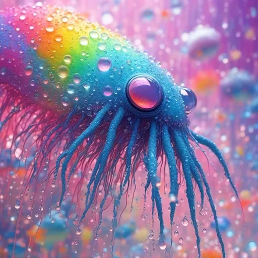 Prompt: <mymodel> an extremely hyperrealistic ultra textural life-infused, living breathing rainbow creature, a living creature made of water droplets and bent rainbow light/spectrums, with white puffy clouds, droplets of water, rain, mist, lots of light, prism reflections, spectrum creature, , extreme organic & mineral textures