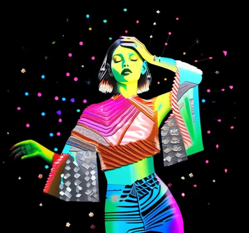 Prompt: A mixed media collage featuring a black and white photograph of a woman, that has been edited via mixed media supplies to make it look like psychedelic rave culture. Paint, enamel, silver foil, holographic foils, glitter, torn ripped folded or cut paper from magazines, newspapers, string, sequins, rhinestones, etc are used to create streaks of colored light emanating from the photograph of the girl along with suggestions of vibrations from music, beat drops, etc <mymodel>