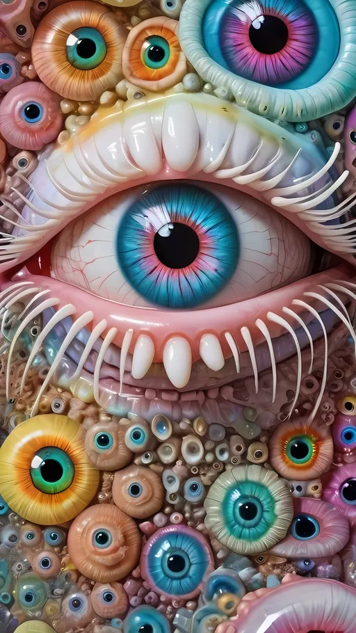 Prompt: an extremely hyper realistic ultra super textural weird trippy surreal psychedelic entity, white, translucent, clear, bright bright pastel colors, oil slick rainbow sheen effect, lots and lots of light, lots of crazy colorful compound psychedelic human eyes, rows of human teeth, fungus, atoms, diatoms, 