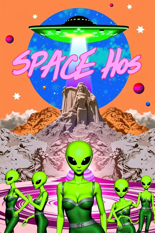 Prompt: **Space Hos - AI Art Prompt**

Create an artwork featuring the phrase "Space Hos" in a bold, sassy, girly futuristic tech font. The scene is populated by multiple striking green-skinned alien females, each exuding attitude and confidence. They are dressed in avant-garde high fashion with a futuristic edge, showcasing an array of intricate accessories that highlight their alien allure.

Each alien boasts a slightly conical-shaped bald head and large, almond-shaped black eyes, adding to their enigmatic charm. They pose with sass and poise, making a statement in the cosmic landscape.

Incorporate a vibrant UFO in the background, teeming with colorful lights that illuminate the scene. The setting is a bustling outer space landscape, complete with an alien planet, swirling asteroids, and cosmic phenomena. Alien glyphs are seamlessly integrated into the design, adding a mysterious layer.

The entire composition is busy and detailed, with every inch filled with tiny elements that captivate the viewer's attention. From the smallest star to the grandest asteroid, the scene is a masterpiece of cosmic chaos and extraterrestrial elegance.