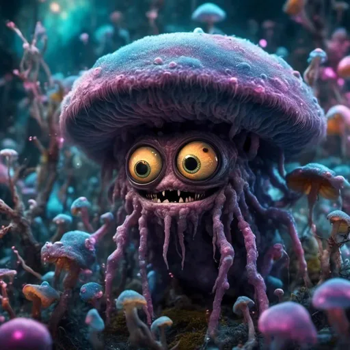 Prompt: <mymodel> an extremely hyper realistic super textural sentient monster mushroom fungus with eyes, brain, teeth, fungus entity/creature with lots of crazy psychedelic human eyes, human teeth,  psilocybe cubensis, shrooms, fungi, mycelium,  luminous, glowing, bioluminescent, extremely textural, 