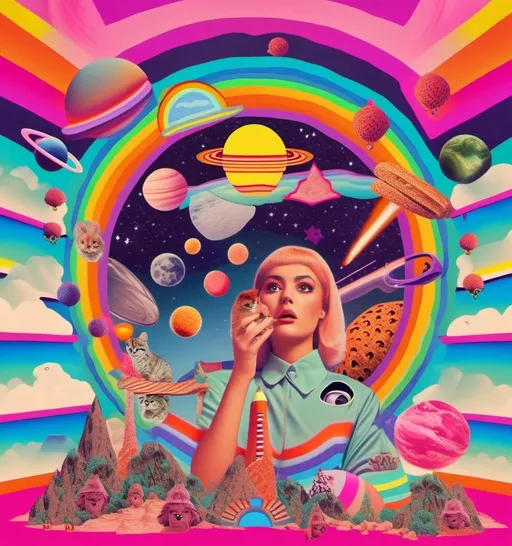 Prompt: a psychedelic collage with a vintage 70s sci animation feel to it except the theme is 90s internet memes. It is to be a collage of photographs and illustrations, outer space, planets, landscapes, optical illusion patterns, geometric shapes, eyes, hands, body parts, with rainbows, 404 error warnings, hamsters, cats, hot dogs, hamburgers, llamas, pickles, candy, chips, pixels, orbs, 90s style iconography spliced together with a vintage 70s psychedelic collage effect<mymodel>