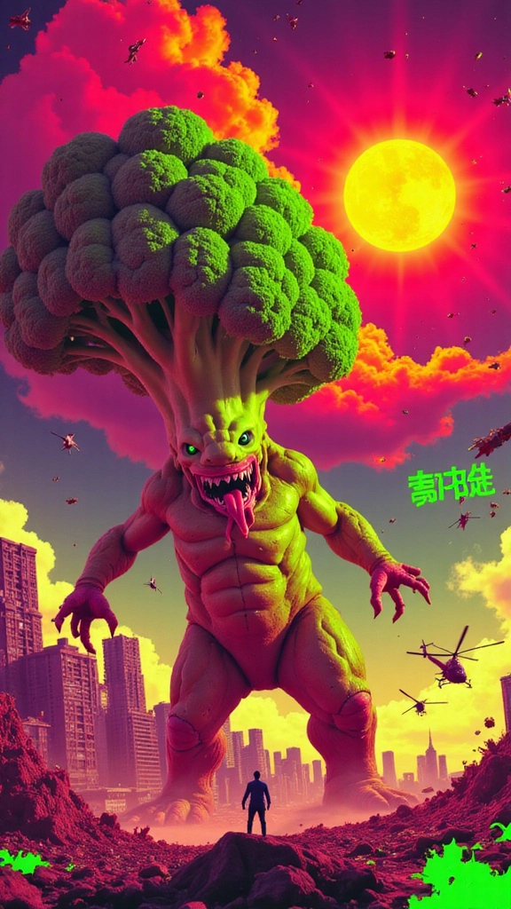 Prompt: A colossal, hyper-detailed stalk of broccoli towers over a devastated cityscape, now evolved into a terrifying kaiju beast with grotesque humanoid features. Its floret crown looms like a pulsing green mushroom cloud, but sprouting from the stalk is a monstrous face—twisted, snarling, and full of jagged bark-like teeth. Hollow, glowing green eyes blaze with radioactive rage beneath a thick leafy brow, and a long vine-like tongue lashes out between snapped floret-flesh. The broccoli’s stalk is gnarled and sinewy like muscle-wrapped wood, and protruding from its sides are two tiny pathetic  arms—short, thick, and clawed, ending in three jagged talon-fingers made of splintered bark and twisted root. It stomps through the city, buildings crumbling under its tree-trunk legs, its roars echoing like cracking wood and thunder. Screaming civilians scatter below as helicopters circle, powerless. Neon-green radiation leaks from fissures in its limbs. Flashing anime kanji scream its name across the sky. Style: apocalyptic anime-kaiju horror with graphic manga lines, cinematic motion blur, radioactive lighting, gritty textures, dramatic shadows, and explosive destruction. Palette: smoky grays, scorched oranges, and nuclear greens.