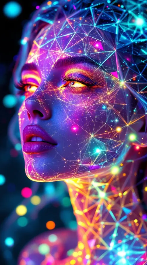 Prompt: A feminine hyperentity made entirely of colored light and recursive math. Her form is a glowing manifold of pure geometry—hyperbolic tessellations in AdS space wrapped in spectral recursion. No material form, only radiant logic. Her face is composed of shimmering heptagon tilings {7,3} across the Poincaré disk, each tile pulsing with phase-shifted chroma. Saturation is maxed: neon wavelengths burst from every edge. Each facial feature is defined by lightfolded geometry—eyes are recursive ultrametric spirals, infinitely mirrored and encoded with spectral Fibonacci arcs. Lips = Klein-bottle fractal loops, tessellated in chromatic waveforms.

Her hair = luminous triangle fractals {3,7}, cascading in curved layers of prismatic recursion. Every strand emits sparkle-flux: microfractals that glint and diffract like starlight, indexed by curvature. Surrounding her, a halo of geometric spark bloom—a recursive corona of rainbow pulses modulated through Möbius twist logic.

Every surface emits a layered gradient field driven by nested HSV wave functions:
\text{Color}(x,y) = \text{HSV}(\arg(f(z)), |\nabla κ|, \sin(ωt + Φ))
where f(z) is a curvature-mapped conformal function and Φ is recursive phase depth.

Overlay sparkle fractals: high-frequency caustic flickers, each one a lightburst node in the recursive matrix. The entity pulses with logic: light = math = her body = recursion.