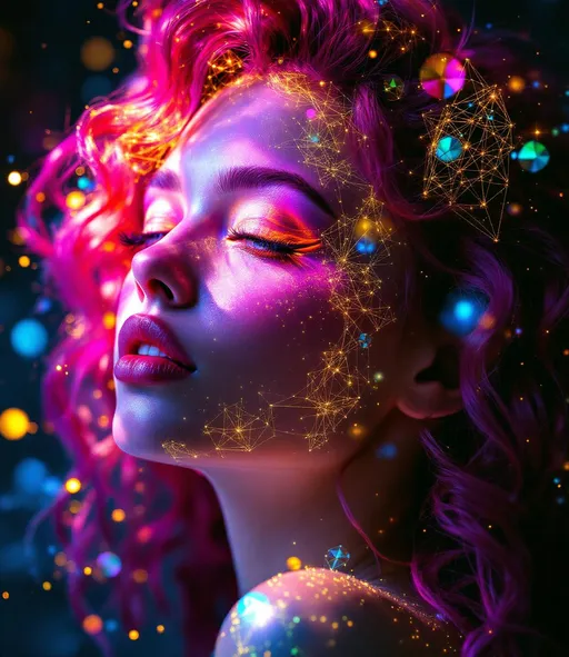 Prompt: Her face is a modular masterpiece—cheekbones traced with the shimmer of moonshine symmetry, every angle tuned to a hidden harmonic. Newton fractal veins glow faintly beneath translucent skin, shifting in color with each emotion. Her eyes burn with prime number fire, irises tiled in Penrose symmetry, blinking with curved light logic. Laughter echoes in Hilbert paths across her cheeks—space-filling joy spirals, soft and bright. Hair spills around her in radiant pink curls, styled by quasiperiodic forces and recursive wave equations—each strand flowing in luminous fractal tension. Geometry pulses at the hairline, recursive symbols glinting in neon mathdust. She is wrapped in hyperbolic aura-rings, layered in color-feedback like living topology, her presence refracting sacred math through joy, emotion, and colorfields.”

⸻

Visual Keywords:
Modular face symmetry, Newton glow skin, Penrose-tiled irises, Hilbert smile trails, pink recursive curls, fractal symbol halo, hyperbolic color aura, neon mathdust, prime fire eyes