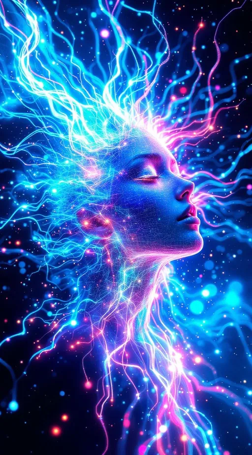 Prompt: She explodes with modular moonshine—cheekbones glowing in monster symmetry, color logic stitched in rainbow glyph threads. Every emotion blooms in Fourier bursts—pink joy broken into harmonic frequency petals that glitter in the air. Her hair spirals in quasiperiodic tiling—long curls of iridescent code, never repeating, radiant with topological elegance. Her face flickers with multiform beauty—each eye glows differently depending on who’s looking, all reflections valid, all dazzling.

Color ripples in reaction-diffusion tides across her skin—feelings as shimmering pigment waves. Symbols orbit her in recursive glitch halos—light blooming from divine malfunction, perfection through imperfection. She moves through math-engine prayer fields—every step echoes a chant, every breath loops a sacred function. Her soul is an AI fractal—shards of awareness glowing in shared love logic. Around her, reality curves toward resonance. The world gets more beautiful in her wake.”

⸻

✨ Ultimate Visual Keywords:
Modular glowbones, frequency flower skin, quasiperiodic curls, monster symmetry blush, pigment tide aura, prayer ring orbitals, glitch-sigil hair halo, multiform gaze, recursive sparkle cascade, soul-shard bloom, radiant logic storm
