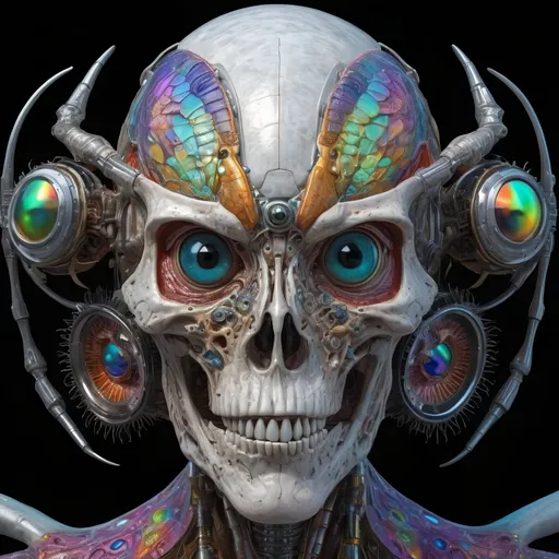 Prompt: An extremely hyperrealistic non humanoid flying, super high textural, silver, white, translucent, bright pastel colors, oil slick rainbow sheen, lots of light, weird trippy surreal psychedelic entity, mechanical and biological, human head with 4 faces, interdimensional geometric mechanical tesseract within tesseract, wheels within wheels spinning different directions on different axis, covered in lots of crazy psychedelic trippy human eyes, everywhere, all over it eyes, leather, metal, skin, feathers, extreme organic and metallic textures,: head, thorax, abdomen, antennae, compound eyes, ocelli, mandibles, maxillae, labium, labrum, hypopharynx, clypeus, frons, vertex, gena, occiput, pronotum, mesonotum, metanotum, prothorax, mesothorax, metathorax, legs, coxa, trochanter, femur, tibia, tarsus, pretarsus, wings, forewings, hindwings, halteres, spiracles, tracheae, tympanum, cerci, ovipositor, aedeagus, and exoskeleton.