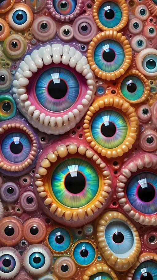 Prompt: an extremely hyper realistic ultra super textural weird trippy surreal psychedelic entity, white, translucent, clear, bright bright pastel colors, oil slick rainbow sheen effect, lots and lots of light, lots of crazy colorful compound psychedelic human eyes, rows of human teeth, fungus, atoms, diatoms, 