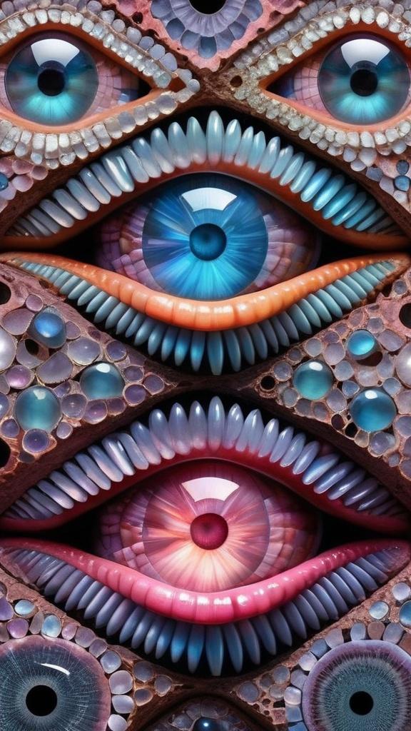 Prompt: Create an extremely hyper-realistic, ultra super textural, weird, trippy, surreal, psychedelic eyes/teeth/mouth pattern/design based on Mandelbrot & “Op Art tiling” with lots of human eyes (crazy colorful compound psychedelic), rows of human teeth, human lips, and tongues. 

- **Colors**: determined by the properties and expressions of the elements (& their isotopes), minerals, and metals: opal, moonstone, Kunzite, selenite, rose quartz, Platinum (Pt)

**Shapes and forms**
- Mandelbrot 
- "Op Art tiling" 
-other shapes determined by the natural properties and expressions of the elements (& their isotopes), minerals, metals, and biological organisms: opal, moonstone, Kunzite, selenite, rose quartz,  Platinum (Pt)


- **Textures**: Derived from any/all elements (& their isotopes), minerals, metals, crystals, organic things mentioned in this prompt: opal, moonstone, Kunzite, selenite, rose quartz, Platinum (Pt)

**Composition and Layout**:
- a pattern/design based on the Op Art tiling & Mandelbrot 

**Lighting**:
- lots of bright light
- Iridescence
- Aventurescence
- Chatoyancy
- Asterism

**Detail and Atmosphere**:
- Extreme hyperrealistic sharp high detail high definition organic and mineral textures
- Psychedelic, weird, odd, surreal atmosphere
- Frozen in time

**Additional Elements**:
- extra rows of teeth, lips, many eyes, Op Art tiling, Mandelbrot, Iridescence
