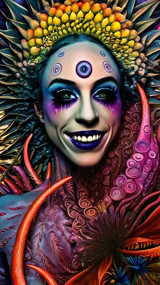 Prompt: Extreme psychedelic hyperrealism- Super high definition ultra textural a floral psychedelic hallucination surrealism, psychedelic alien flower, detailed, highres, intense colors, eerie lighting, bizarre features, unsettling atmosphere, otherworldly, distorted proportions, mind-bending, dreamlike, abstract,, organic textures