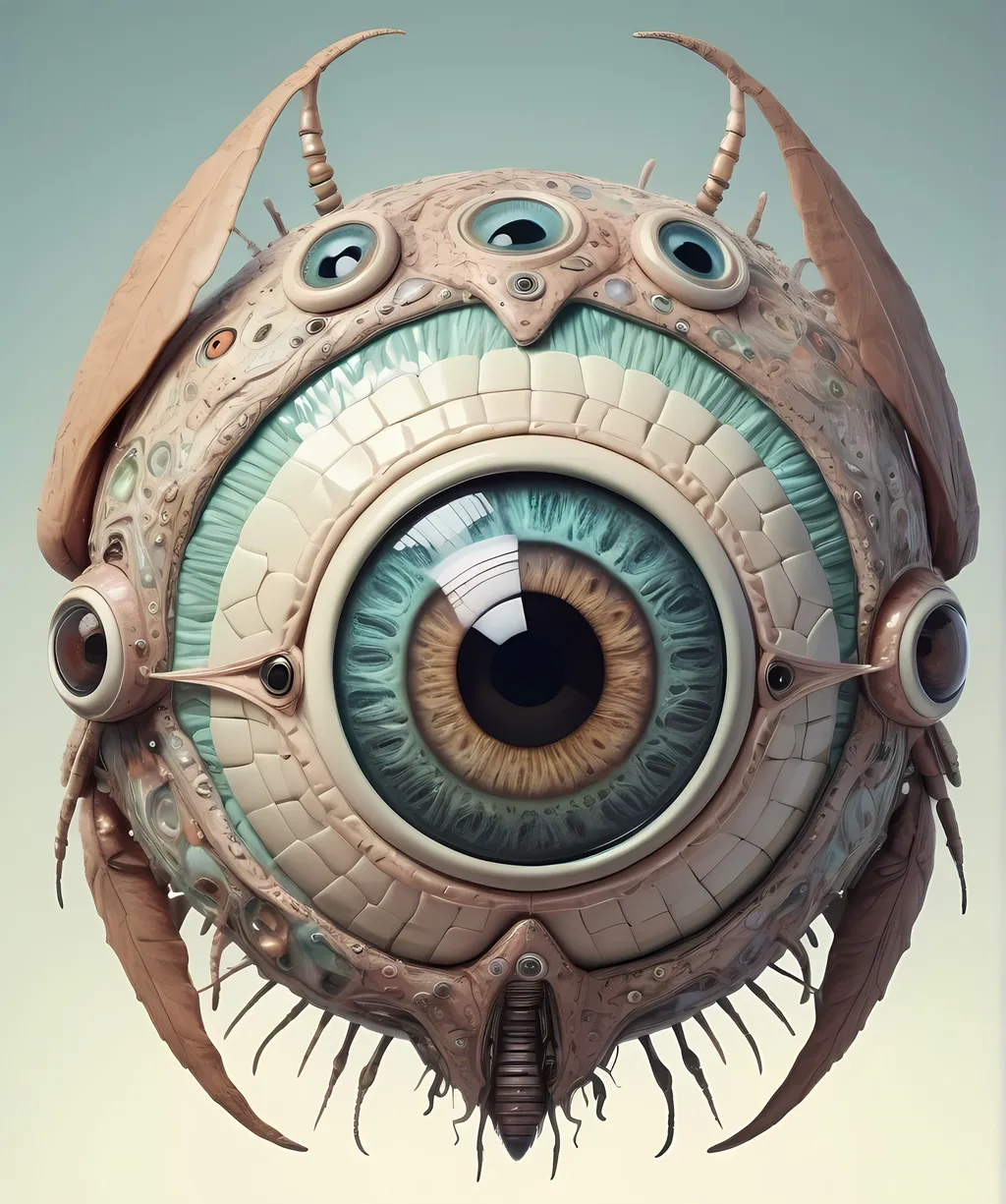 Prompt: A surreal extremely hyper realistic super textural psychedelic geometric eyeball creature with leather or insect wings, pastel light colors,  lots of crazy trippy psychedelic human eyes, human teeth, organic and mechanical, multidimensional, weird surreal unsettling odd