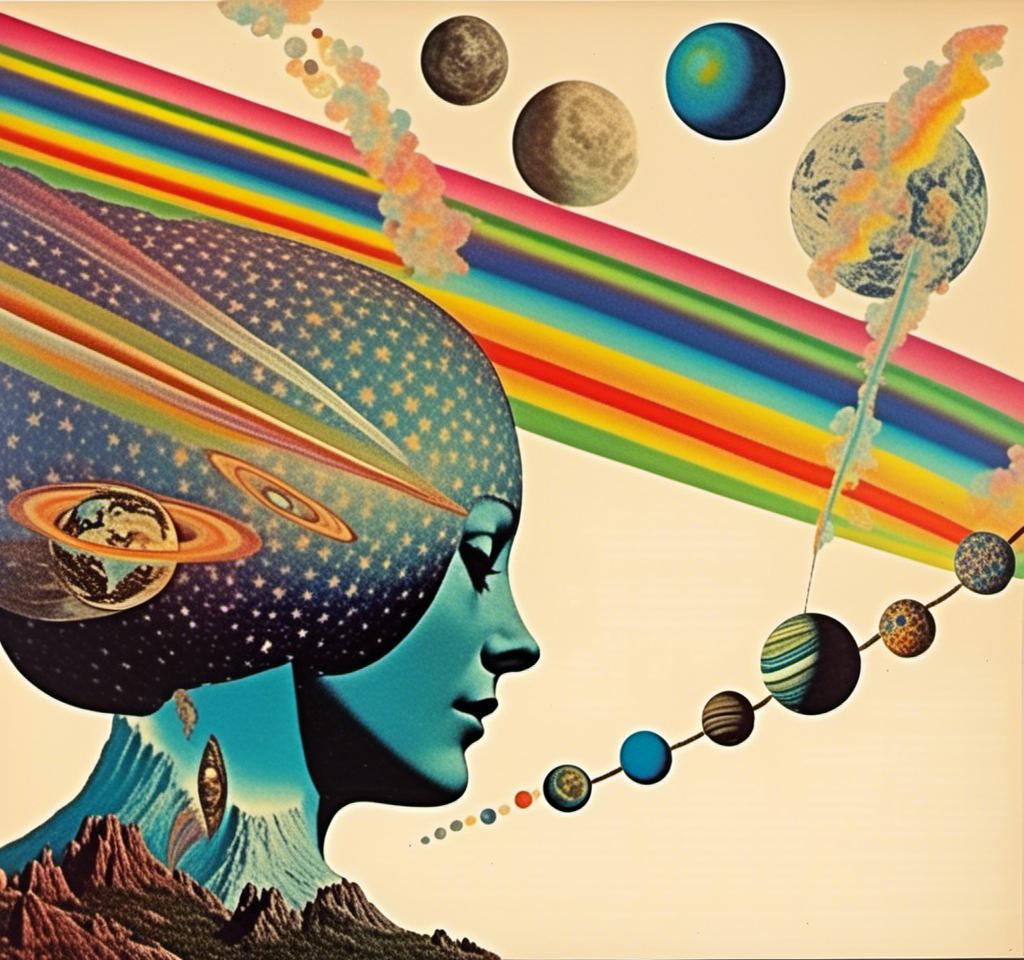 Prompt: A vintage 70s psychedelic collage with the theme “astral vacation”- incorporate themes of astral projection, the astral plane, the silver cord, use an astral brilliantly but sometimes muted opalescent color palette, & combine it all with planets, orbs, optical illusions and psychedelic trippy patterns, color spectrums as a surreal vintage psychedelic collage<mymodel>