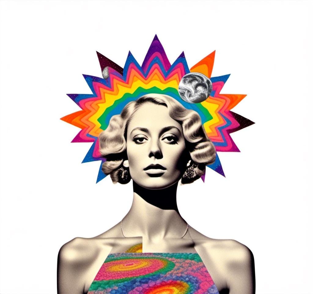 Prompt: A psychedelic collage featuring a photograph of a woman with blond curly long hair. The photo is cut and spliced with other photos and drawings of aliens, UFOs, rainbow spectrums are erupting from places, planets, stars, landscapes, and sparkles set amidst optical illusions of all kinds in geometric shapes giving an otherworldly surreal bizarre ufo alien effect to this psychedelic collage <mymodel>