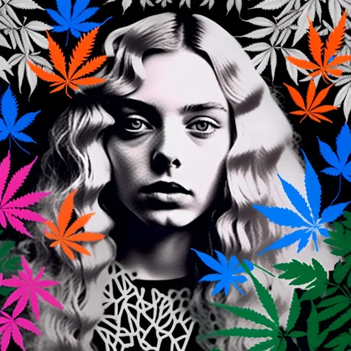 Prompt: <mymodel>Mixed media collage of a girl with long blond curly hair and blue eyes, black and white photograph, pops of vibrant color with cannabis leaves, mushrooms, smoke and fractals in the background, hand-colored, high contrast, psychedelic, detailed facial features, vintage style, atmospheric lighting