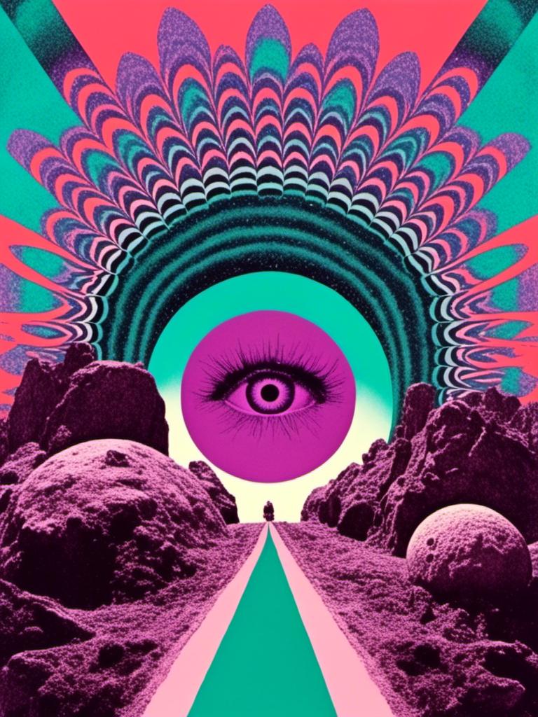 Prompt: <mymodel> A weird trippy surreal vintage psychedelic collage, (cool purples, black & white- teals/purple-blue/seafoam green accents)  cut and paste, optical illusions, psychedelic patterns, alien  landscapes, eyes!!! , UFOs, strange creatures, magic mushrooms, planets/asteroids/space, cats, cheeseburgers, tacos, aliens, weird surreal trippy