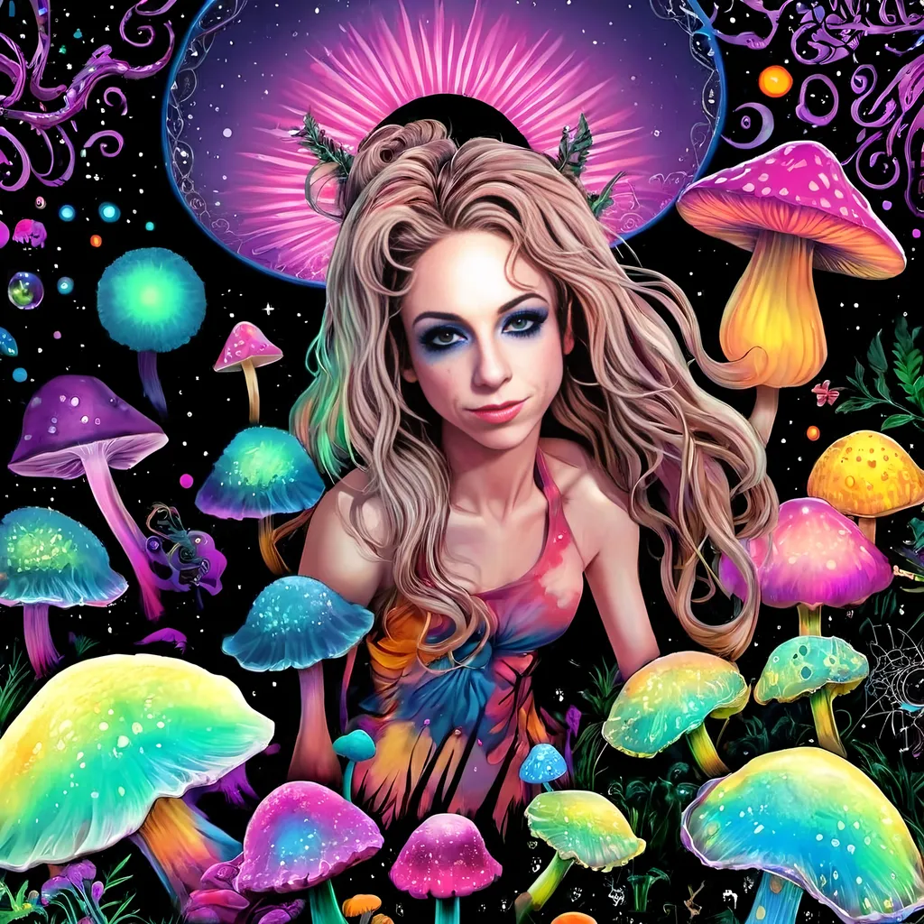 Prompt: A psychedelic trippy bright colorful vivid black light poster illustration of a girl with longish blond curly hair, with psychedelic magic mushrooms, trippy hallucinations, optical illusions and patterns, crystals, moss, forest, moon, geometry fractals