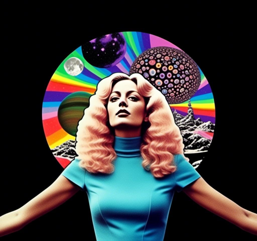 Prompt: A psychedelic collage featuring a photograph of a woman with blond curly long hair. The photo is cut and spliced with other photos and drawings of aliens, UFOs, rainbow spectrums are erupting from places, planets, stars, landscapes, and sparkles set amidst optical illusions of all kinds in geometric shapes giving an otherworldly surreal bizarre ufo alien effect to this psychedelic collage <mymodel>