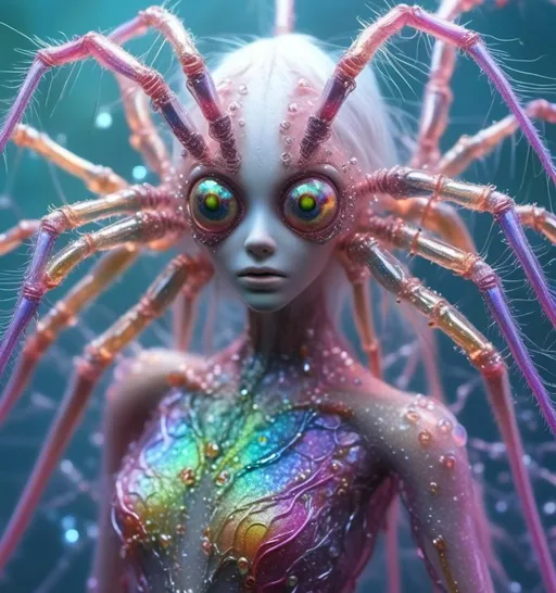 Prompt: <mymodel>extremely hyperrealistic extremely high textural beautiful female sentient spider entity, arachnid woman,8 eyes, humanoid, human woman with spider features, lots of light, extreme organic textures, white, translucent, bright pastel colors, oil slick rainbow sheen effect, silver, chrome, crystals, 
Arachnid, cephalothorax, abdomen, pedipalps, chelicerae, fangs, spinnerets, silk glands, book lungs, tracheae, 