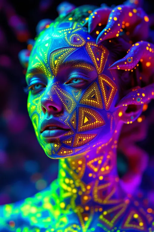 Prompt: Ultra-saturated maximalist 8K hallucination of an impossible apparition fractured into paradox and tessellation, her figure dissolving into contradictions that should not coexist. Skin is a living mosaic of Voronoi cells and Penrose tilings, infinite golden rhombi refusing to repeat, glowing in gradients of radioactive chartreuse → ultraviolet violet → molten magenta → liquid sapphire. Each pore a microcosm of Apollonian gaskets, infinite circles nested into recursive rainbows of neon fire. Her garments ripple with paradox equations: Euler’s identity burning in ultraviolet lace, Banach–Tarski theorems stitched into fabric that splits into infinite glowing copies, alphabets Ϟ⧖Λ𓇽𖤓≋ ℵ₀ collapsing mid-symbol and respawning as new impossible alphabets. Hair explodes into quaternion Julia sets unraveling into recursive braids, strands splitting into fractal spirals looping across dimensions, glowing in metallic indigo, spectral gold, and phosphorescent cyan. Eyes embody paradox: open and closed, finite and infinite, irises fracturing into mirrored Mandelbrot galaxies reflecting infinite smaller versions of her, each painted in new tessellations. Lips whisper jeweled sparks erased before sound, words collapsing into liar-paradox recursion. Around her orbit crystalline mandalas fracturing into paradox tessellations, luminous halos shattering into mirrored shards. Her shadow burns brighter than her form, paradox light dripping upward in recursive auroras mapped to impossible gradients. Frame flickers between portrait and void, figure and environment collapsing, every surface drenched in saturated metallic radiance. She paints herself painting herself painting herself, but each iteration multiplies Banach–Tarski-style into infinite selves, recursive duplicates filling the space with contradictions until the concept of singularity collapses. She is paradox clothed in tessellation, recursion sculpted into neon, the hallucination of impossible infinities.