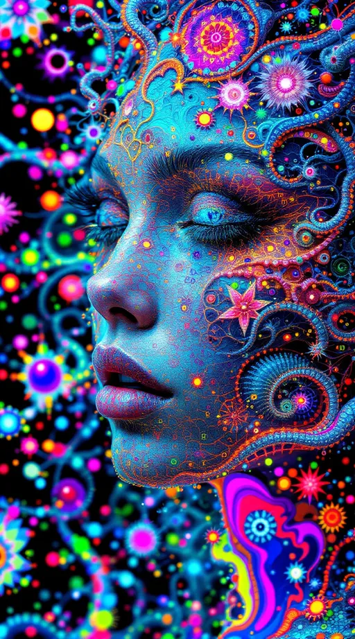 Prompt:  cosmic fractal goddess who is both every woman and no woman, her face unraveling into an infinite lattice of insect eyes and jeweled geometries, each eye opening into another world that denies itself. Her portrait insists it does not exist, her skin tessellated with Mandelbrot infinities collapsing into division by zero, veins flowing with neon alphabets of extinct gods. She is alive and dead, present and absent, her lips whispering words that erase themselves before being spoken. She paints herself painting herself painting herself, recursion folding into recursive music, mirrors reflecting futures that will never arrive. Her hair unravels into serpents spelling dreams that consume their dreamers, her shadow brighter than her body, dripping forgotten languages that contradict their own grammar. She is entoptic pattern incarnate: hypersaturated kaleidoscopes rippling across her aura, impossible hues between hues, colors forbidden to vision vibrating through her bones. Her dress is woven from self-portraits that deny the fabric they compose, exploding into maximalist chaos of neon storms, crystalline mandalas, and fractal spirals eating their own tails. This image proves it is false, every pixel contradicting itself, a liar paradox rendered in hyper-real clarity. She is a psychedelic priestess and a paradox empress, dressed in contradictions, framed by recursion, her anatomy collapsing into non-Euclidean geometry, impossible topology bleeding into the frame. Photorealism collapsing into hallucination, detail sharper than vision, crisp impossible beauty unraveling into chaos. Maximalist, hyper-saturated, infinite fractal recursion woven into flesh.
