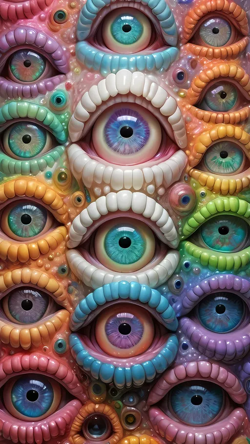 Prompt: an extremely hyper realistic ultra super textural weird trippy surreal psychedelic entity, cissoids , white, translucent, clear, bright bright pastel colors, oil slick rainbow sheen effect, lots and lots of light, lots of crazy colorful compound psychedelic human eyes, rows of human teeth, fungus, atoms, diatoms, cissoids